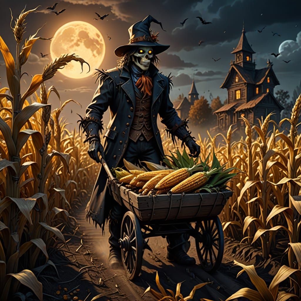 Creepy Scarecrow Harvests Demonic Corn in Eerie Night Scene