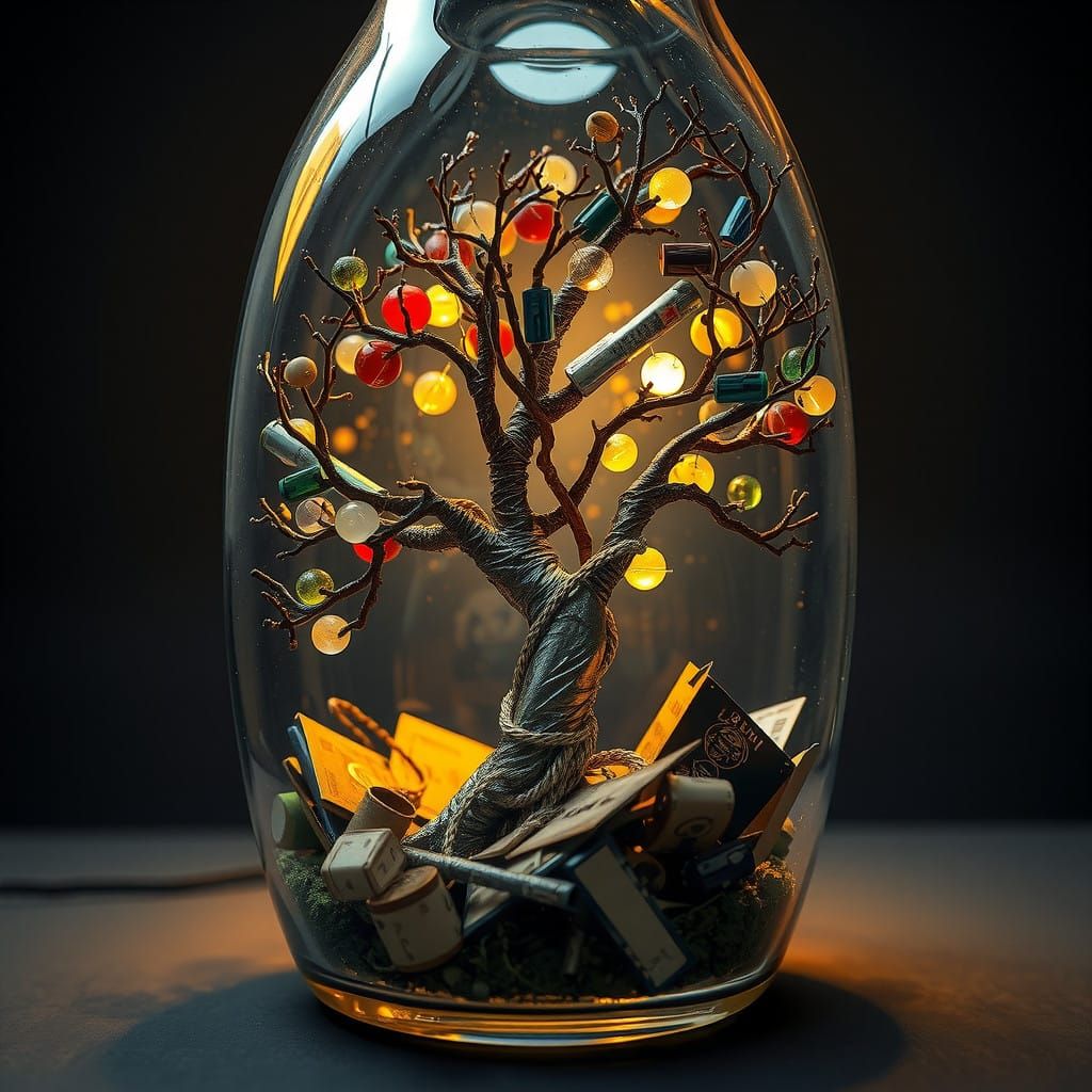 Intricate Trash Tree in Glass Bottle