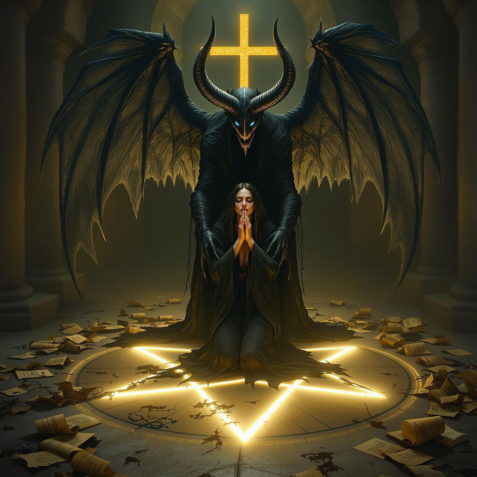 Surreal Demon Goddess Amidst Shattered Faith and Candlelight...
