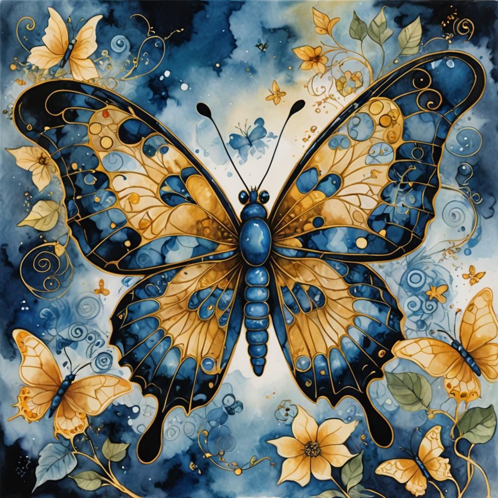 Surrealist Butterfly with Golden Outlines in Watercolor Styl...