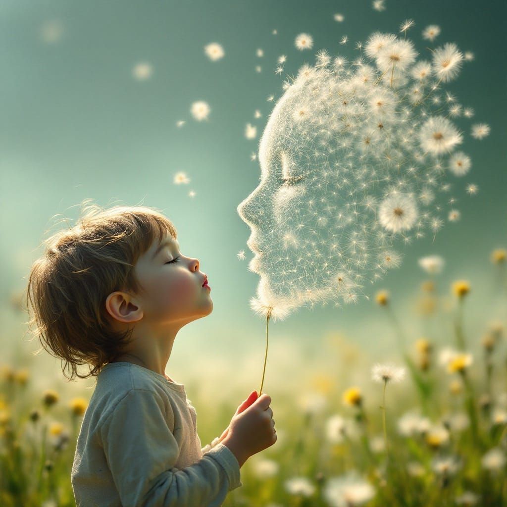 Dandelion Seeds Form Ghostly Face in Meadow