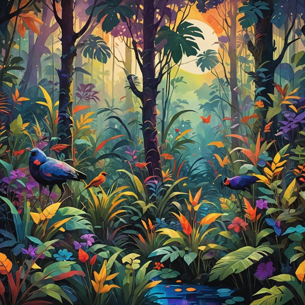Exotic Wildlife in Dense Jungle: Kandinsky Concept Art