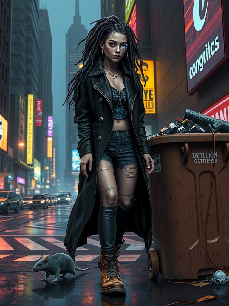 Cyberpunk Woman Walking Down Neon City Street
