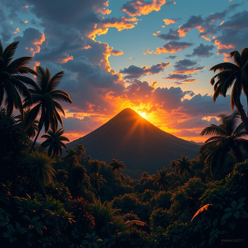 Arenal Volcano Golden Hour Comic Book Art