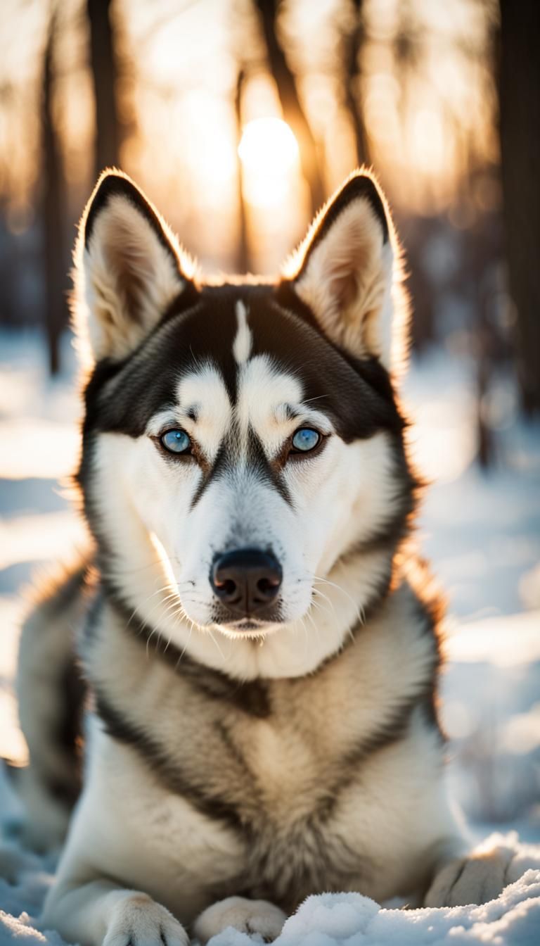 Siberian Husky in Snow at Golden Hour
