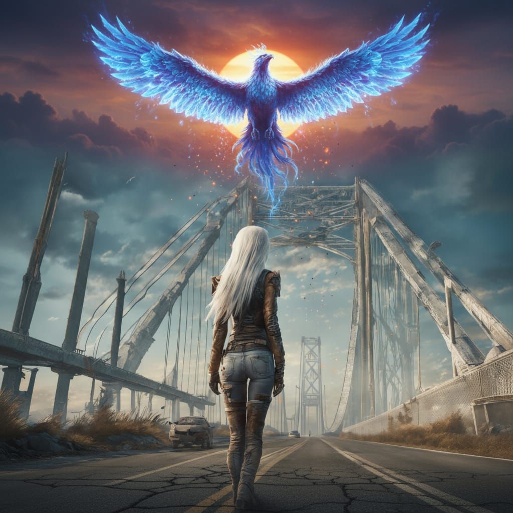 Post-Apocalyptic Mackinac Bridge with Woman and Tiger