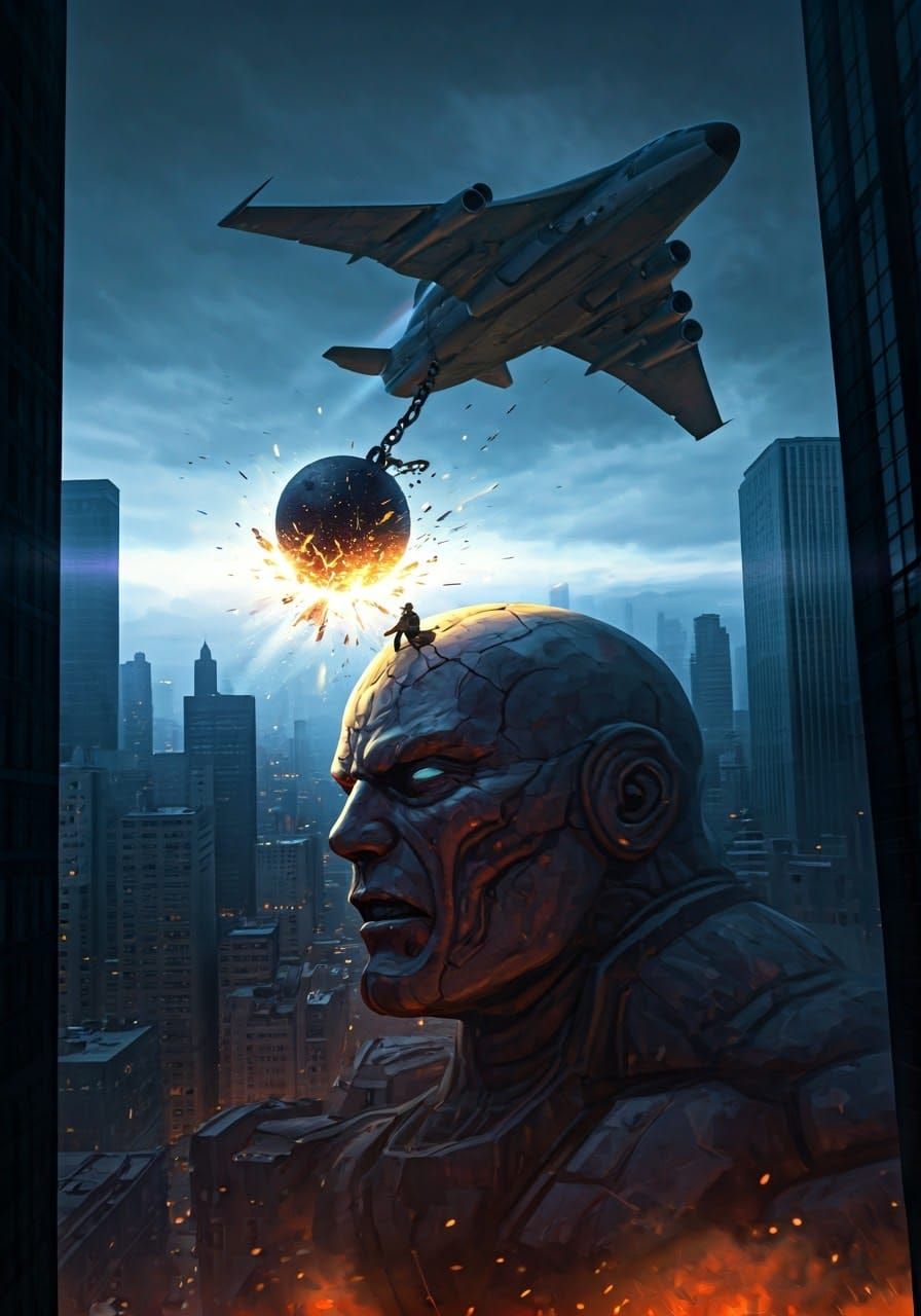 Wrecking Ball Jet Smashing Giant Mech Face