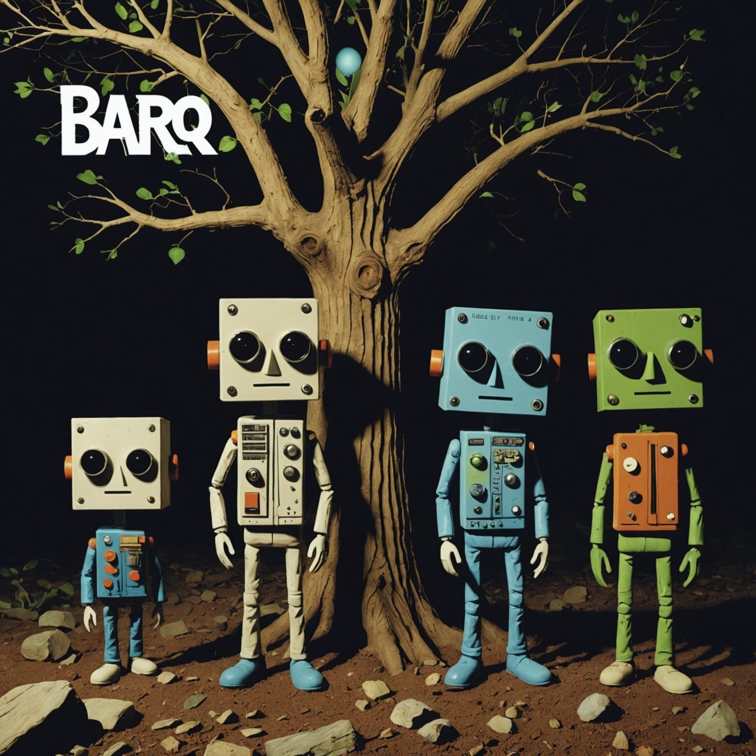 Surreal Album Cover: Tree, Rock, and Computer Band