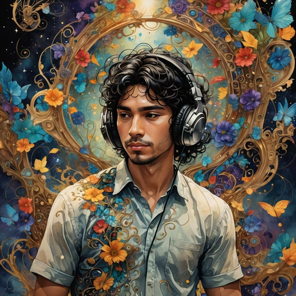 Latin Man in Fairytale Ambience, Alcohol Ink and Watercolor