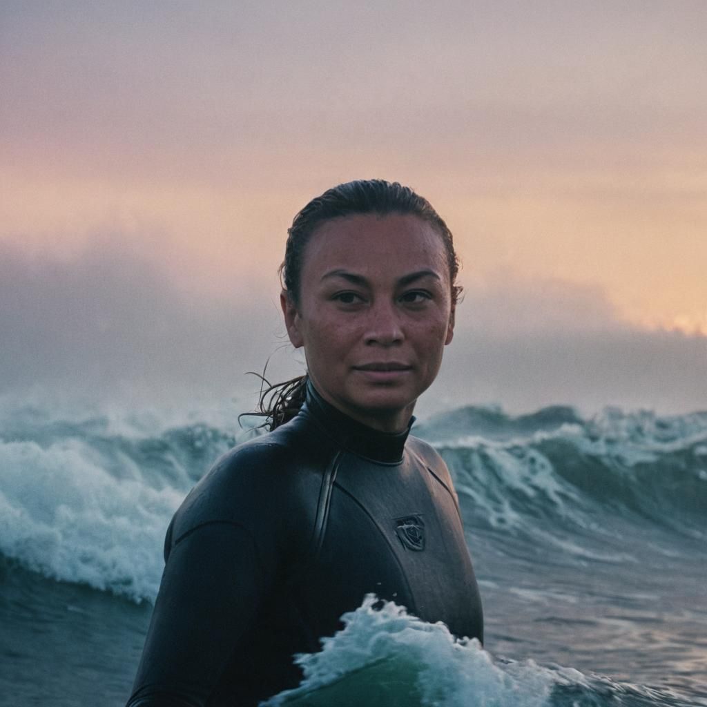 Surfer Rides Wave in Misty Golden Sunrise