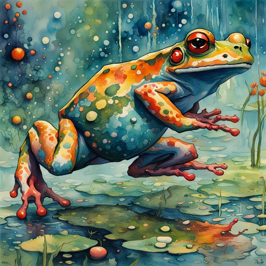 Hyperdetailed Leaping Frog in Watercolour Style