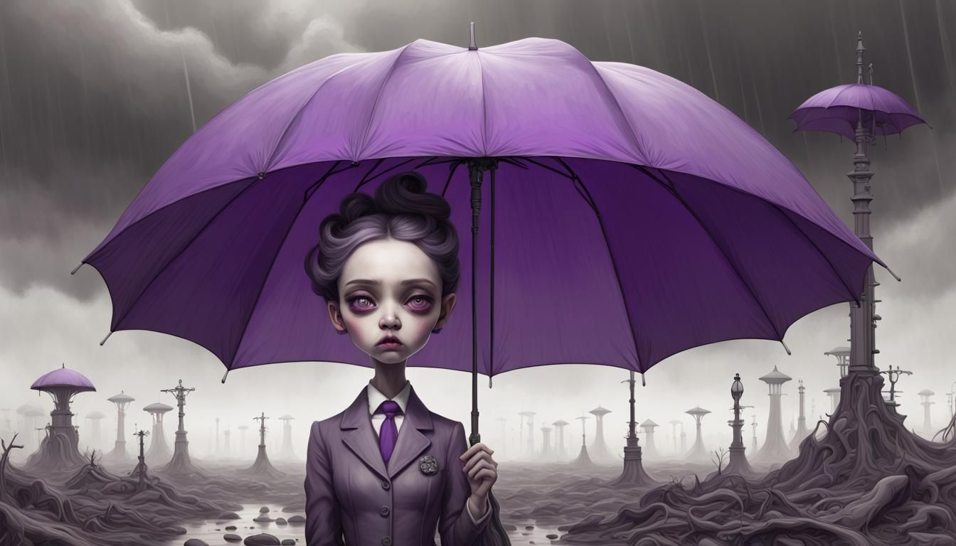 Post-Apocalyptic Landscape with Purple Umbrella in Surreal S...