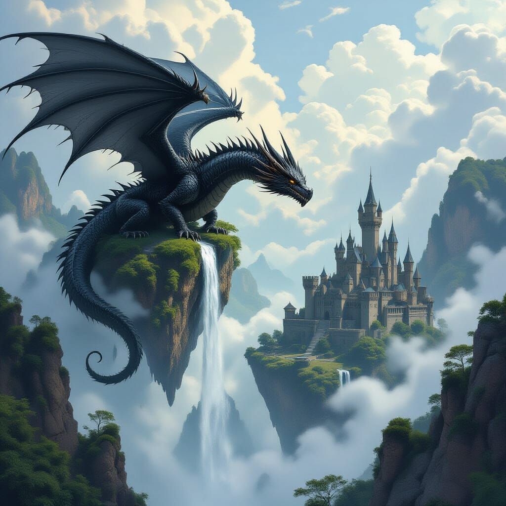 Black Dragon Soaring Between Islands: Gothic Digital Art