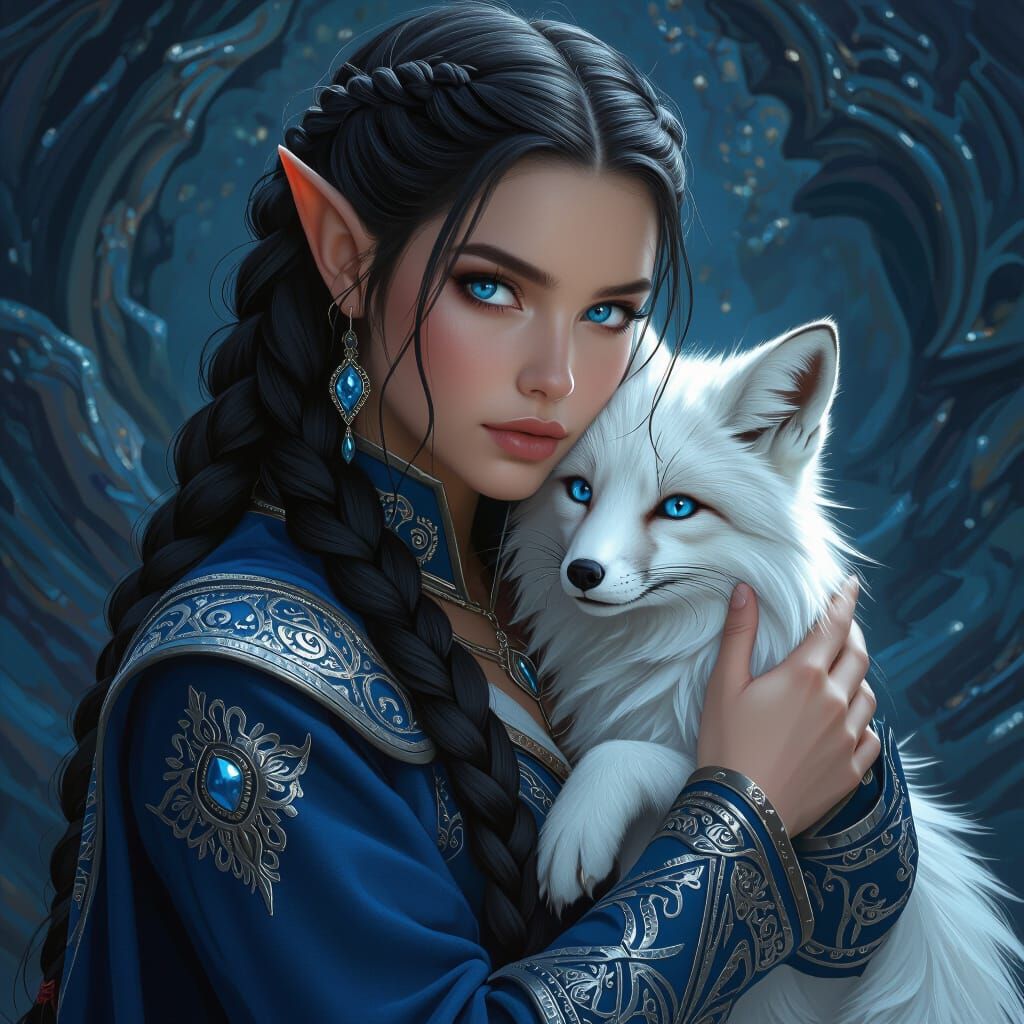 Elf Woman Holding White Fox in Blue and Silver Attire