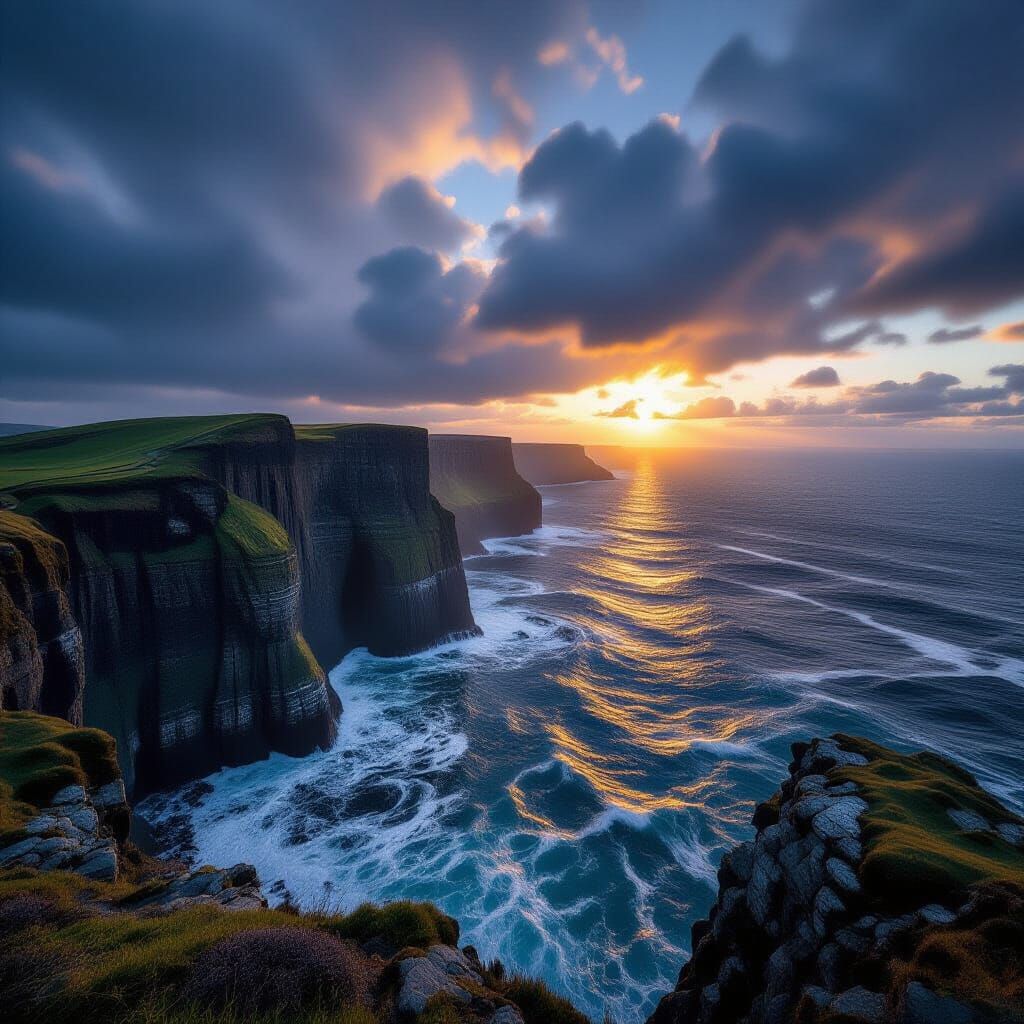 Majestic Sea Meets Rugged Cliffs Under Dramatic Sky