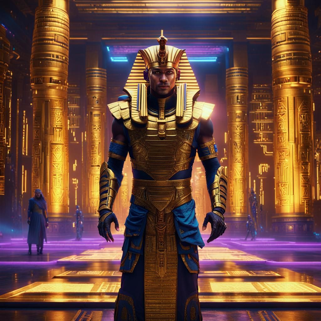 Cyberpunk Pharaoh in Futuristic Egyptian Temple