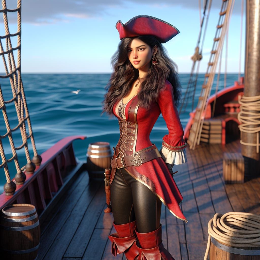 A 3D illustration of a beautiful woman pirate with long flow...