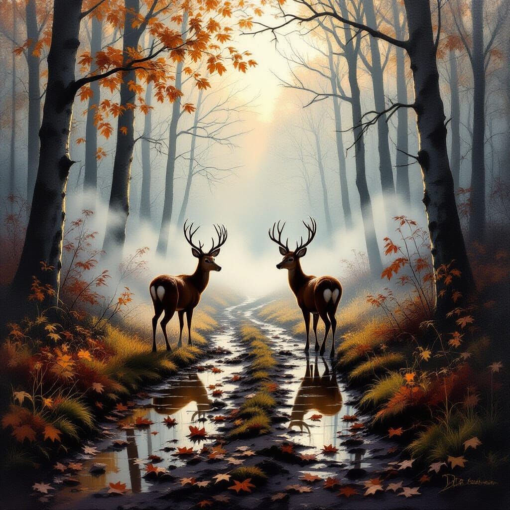 Surreal Forest Painting with Deer and Fog