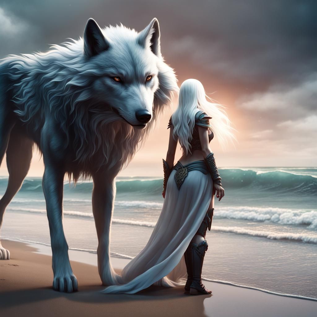 Woman and Wolf on Beach, Detailed Fantasy Art