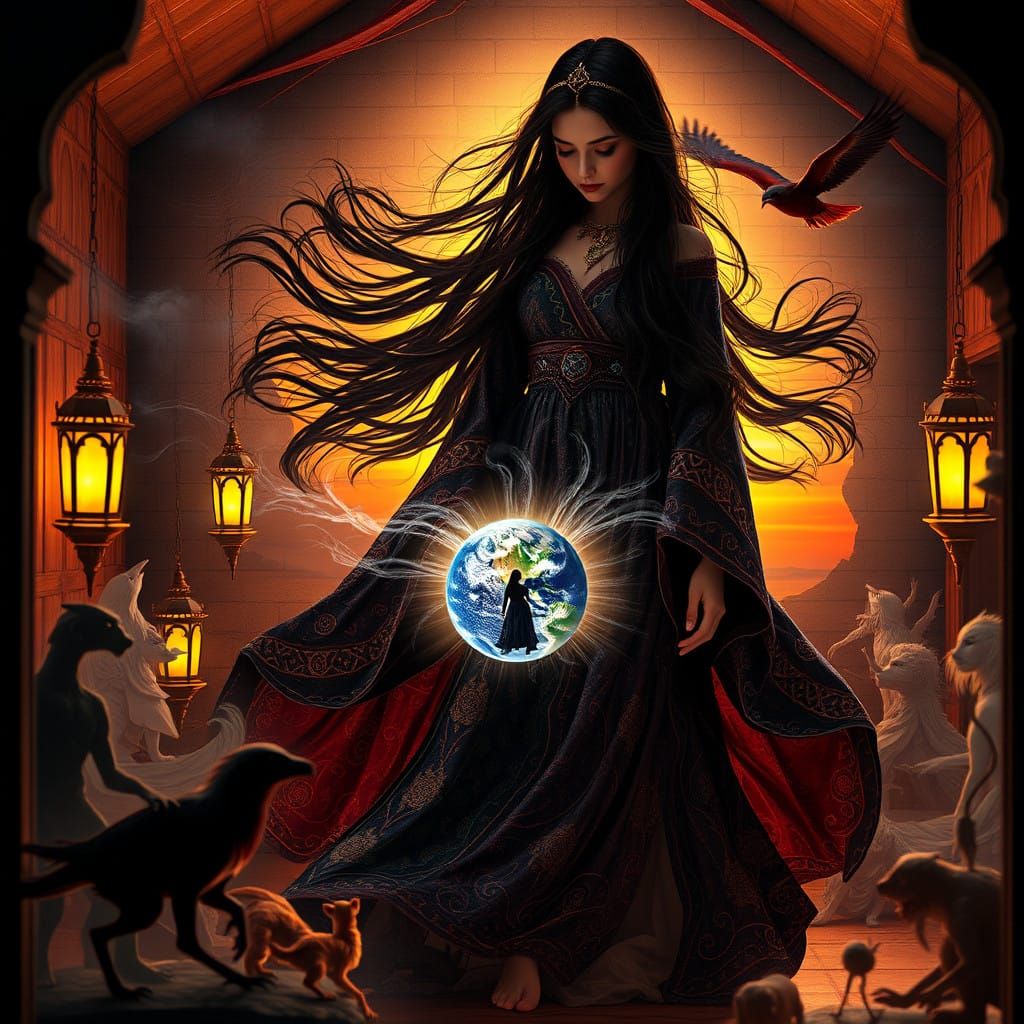 Enigmatic Sorceress Amidst Baroque Surrealism