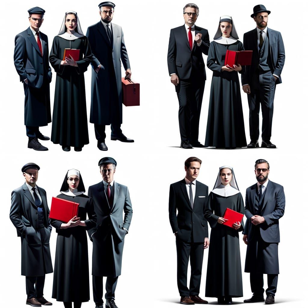 Film Noir Scene: Nun and Men with Red Book