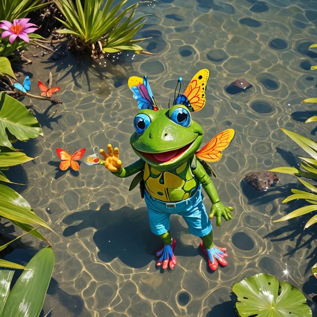 Cartoon Frog on Tropical Island, Anime Style