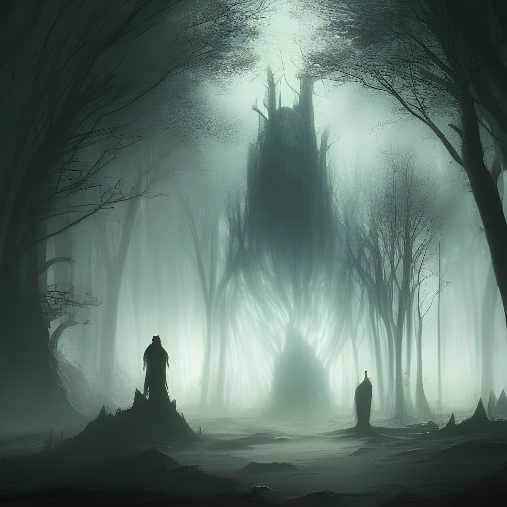 Ethereal Figures in Spooky Forest: Dark Fantasy Art