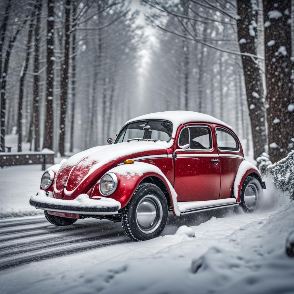 Red VW Beetle Races Through Winter Snow