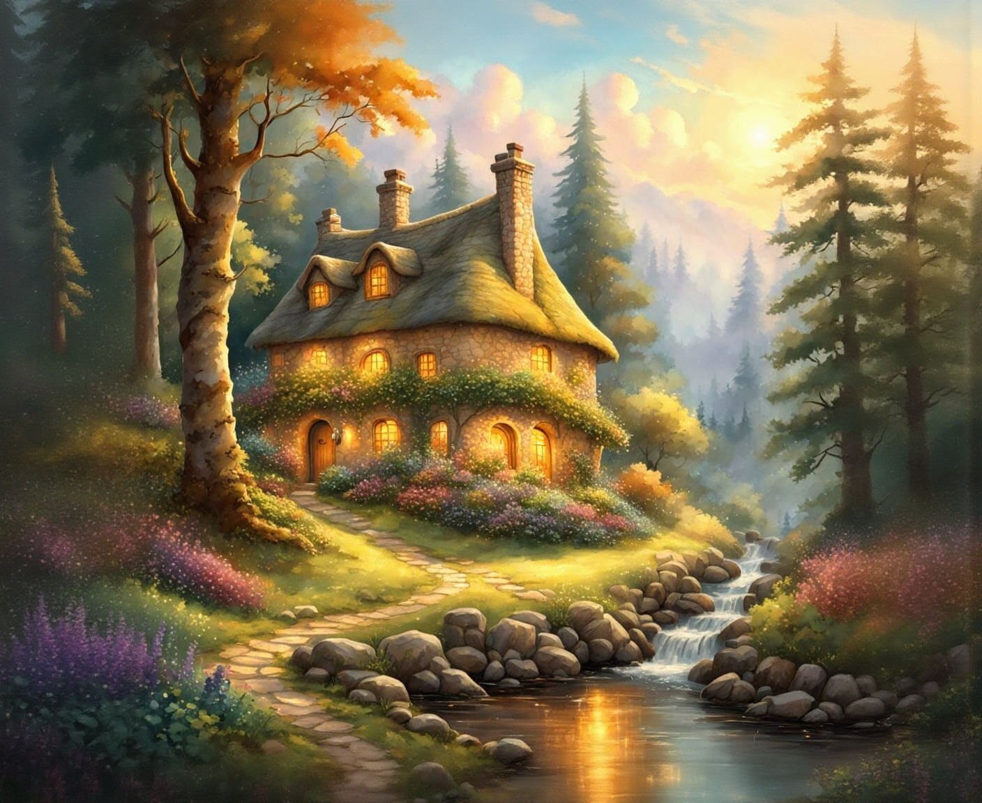 Cottage in Forest: Vivid Watercolor Masterpiece