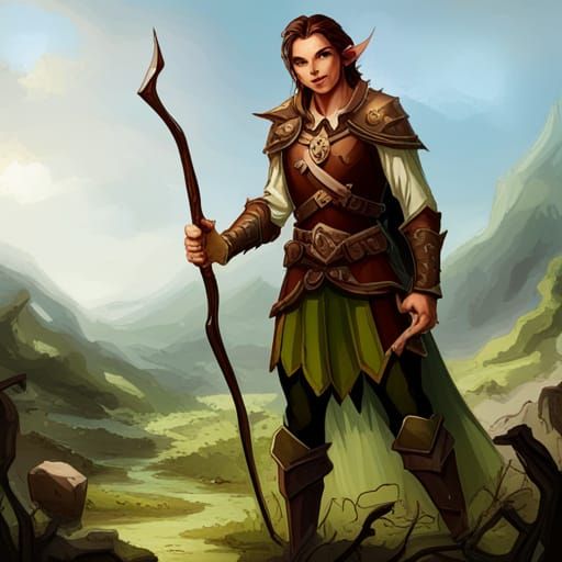 D&D elf, hunter with a bow, standing in a field