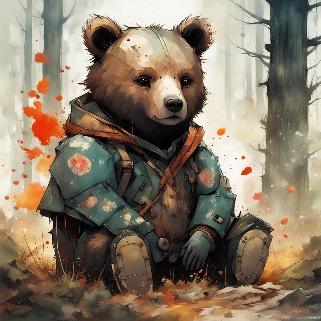 Cute Chibi Bear in Watercolor Style