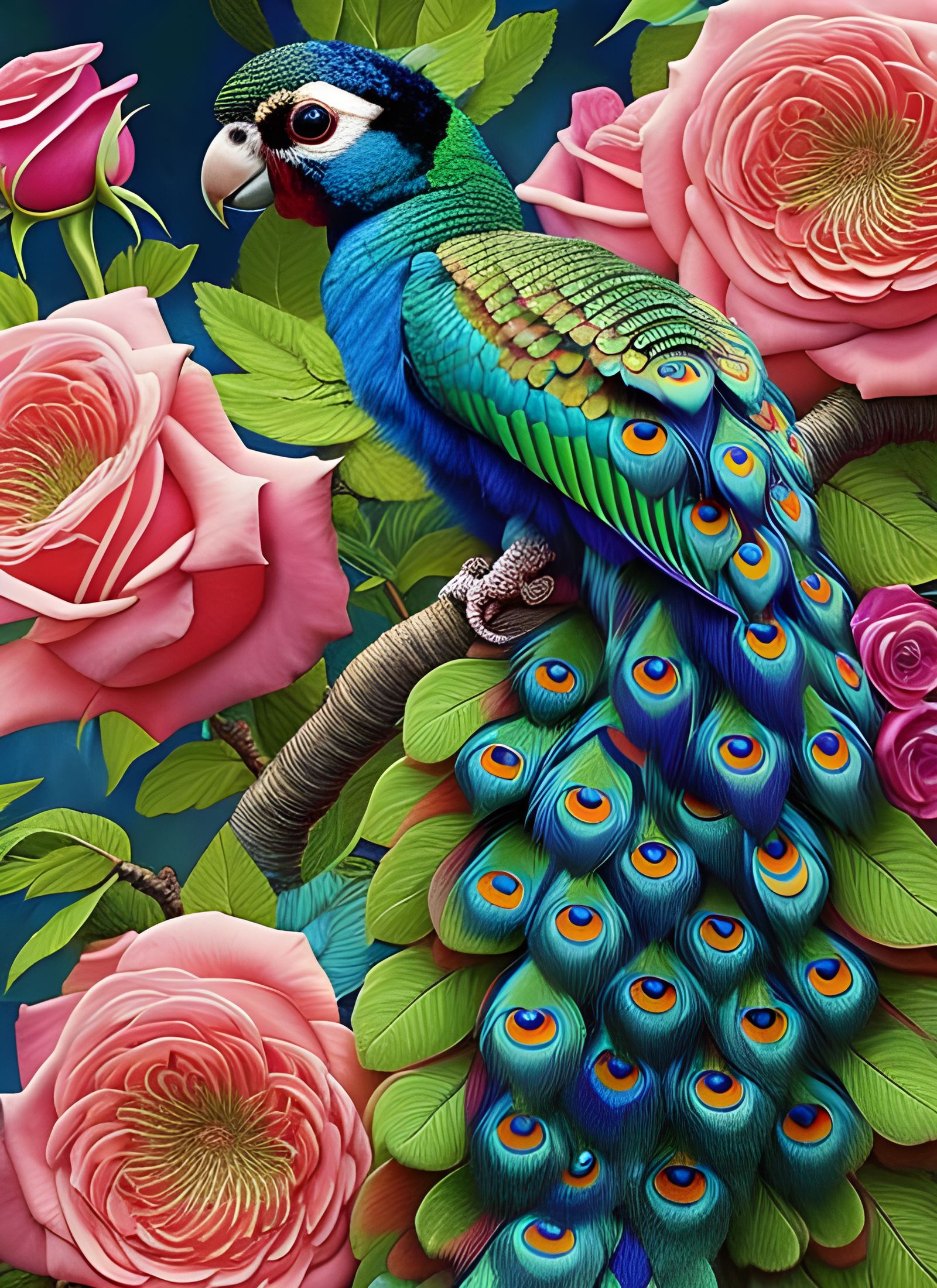 Exotic Peacock Parrot in Embroidered Rose Garden