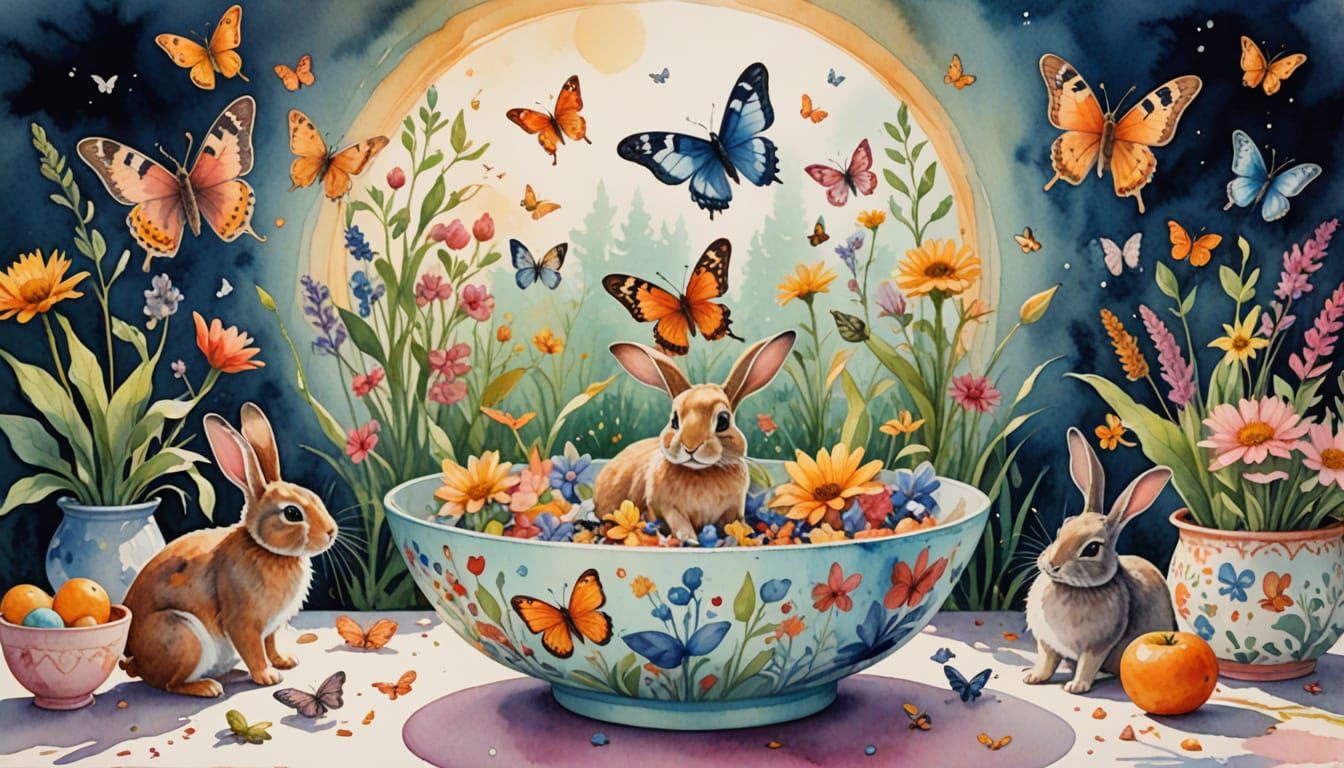 Vibrant Whimsy: Rabbits and Butterflies in a Colorful Bowl