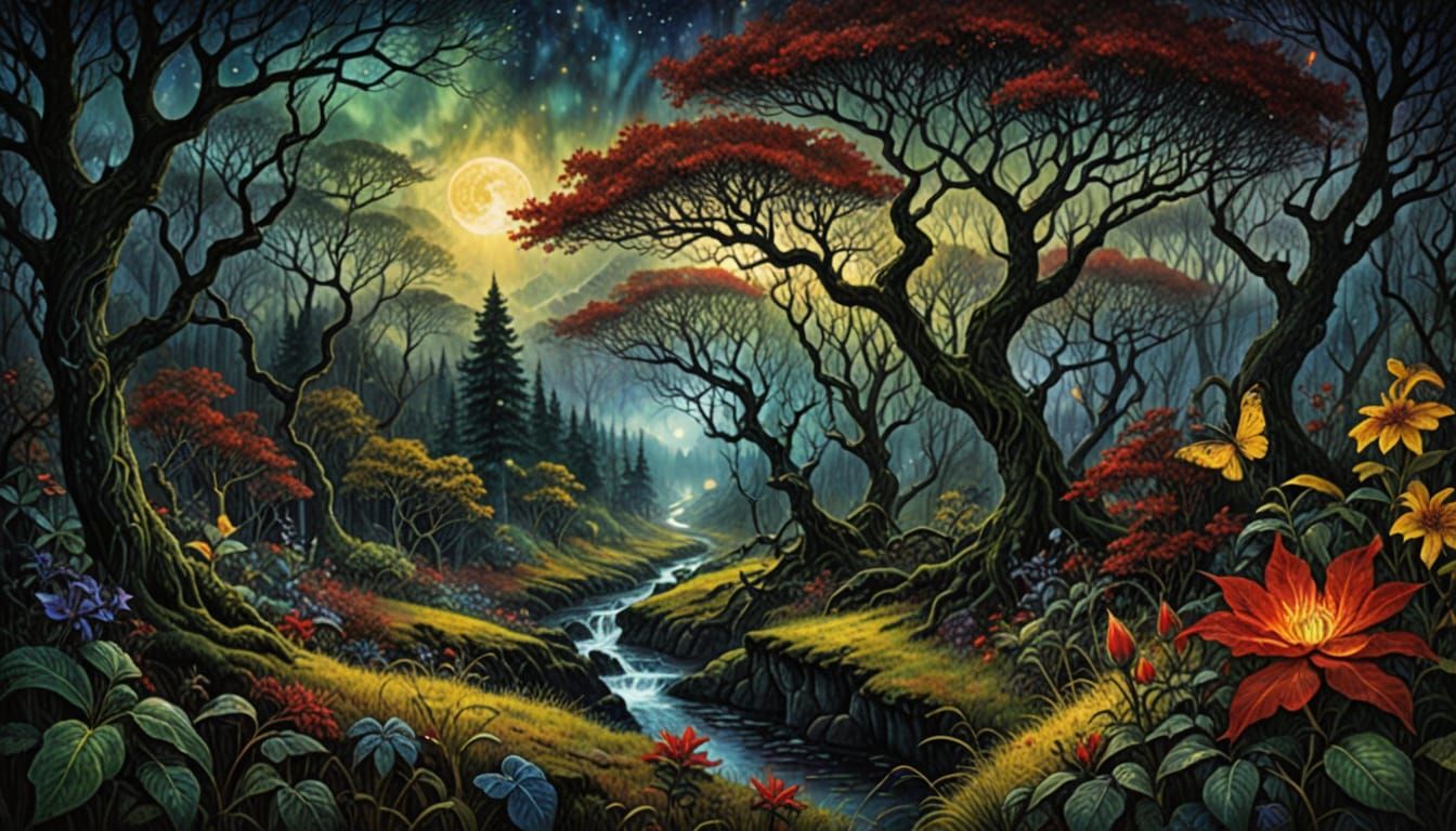 Surreal Forest Garden with Watching Eyes Under Aurora Moonsc...