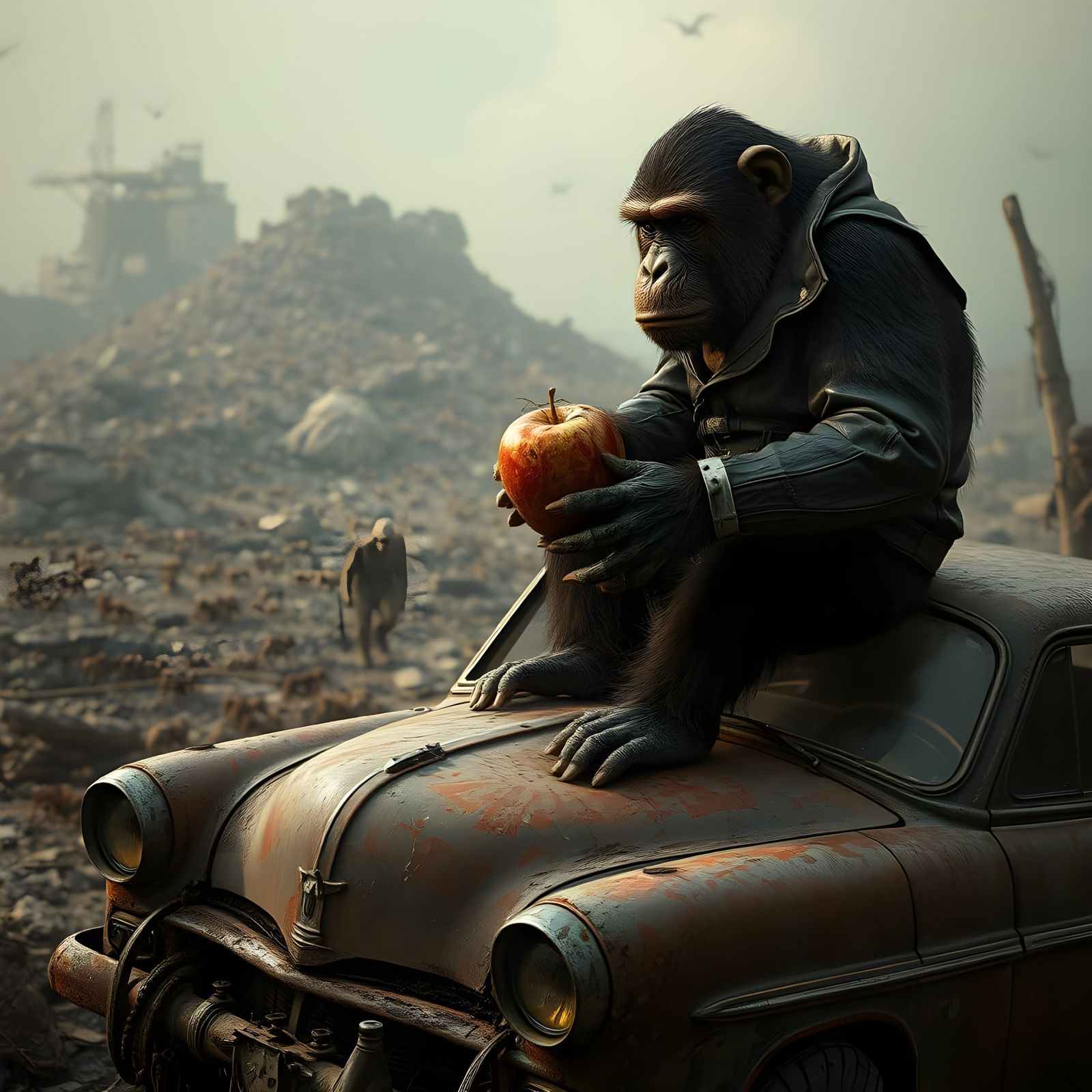 Apostate Ape Contemplates Toxic Bounty in Ruins