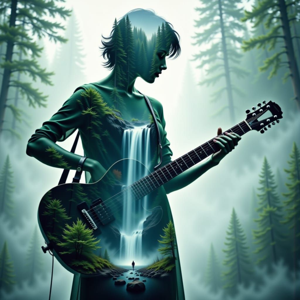 Guitar Waterfall Double Exposure in Ethereal Style