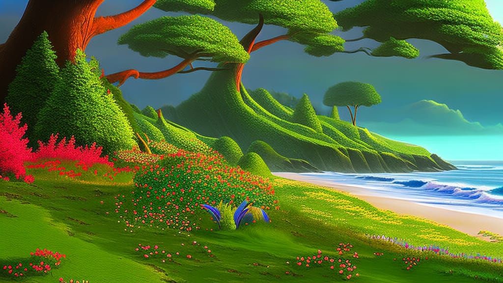 Lush Beach Scene with Colorful Flowers