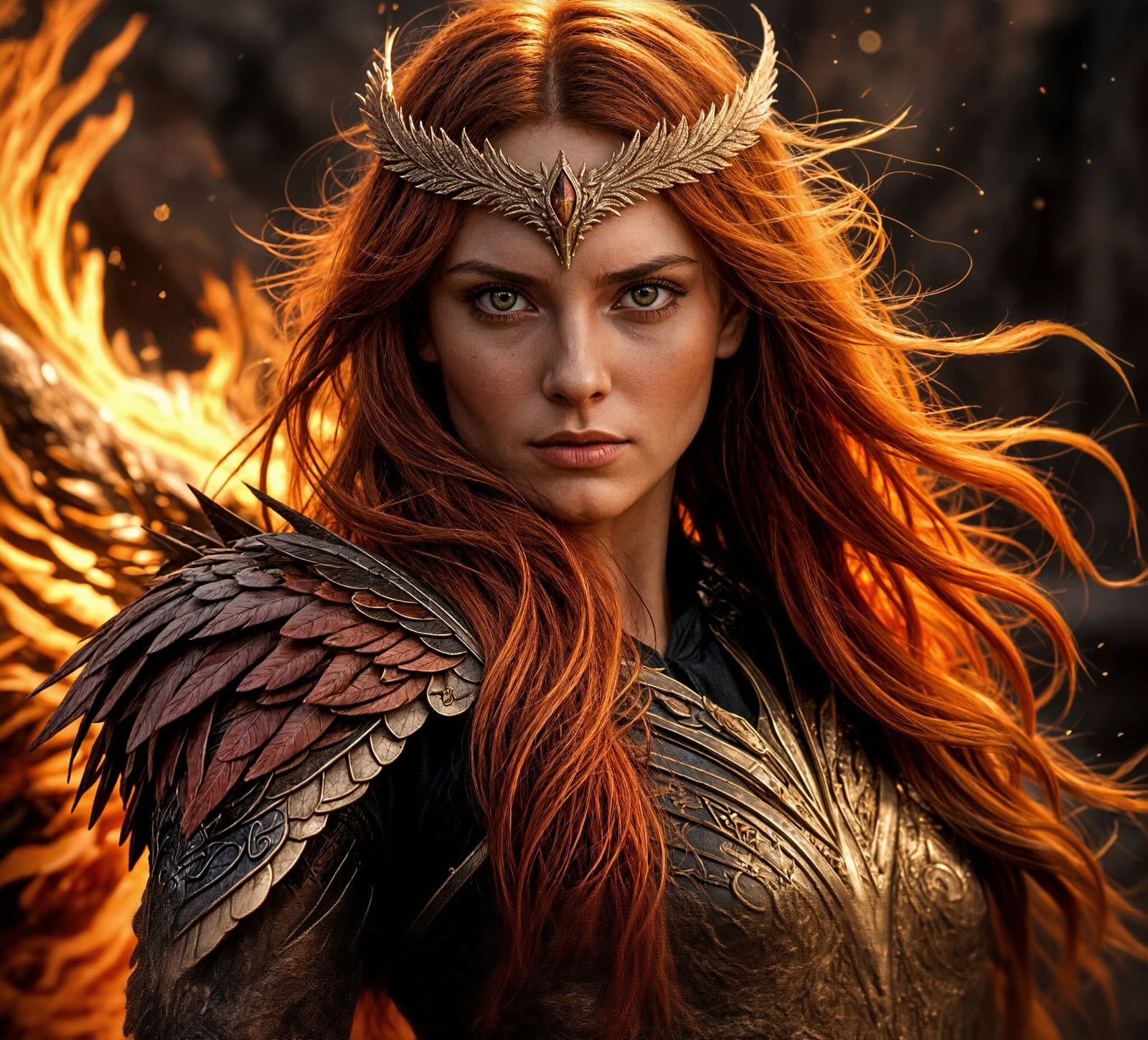 Phoenix Sorceress Portrait with Fiery Phoenix