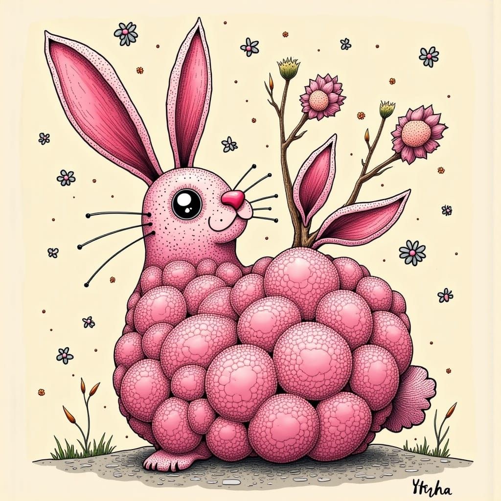 Whimsical Pink Cottonball Bunny in Surreal Digital Art