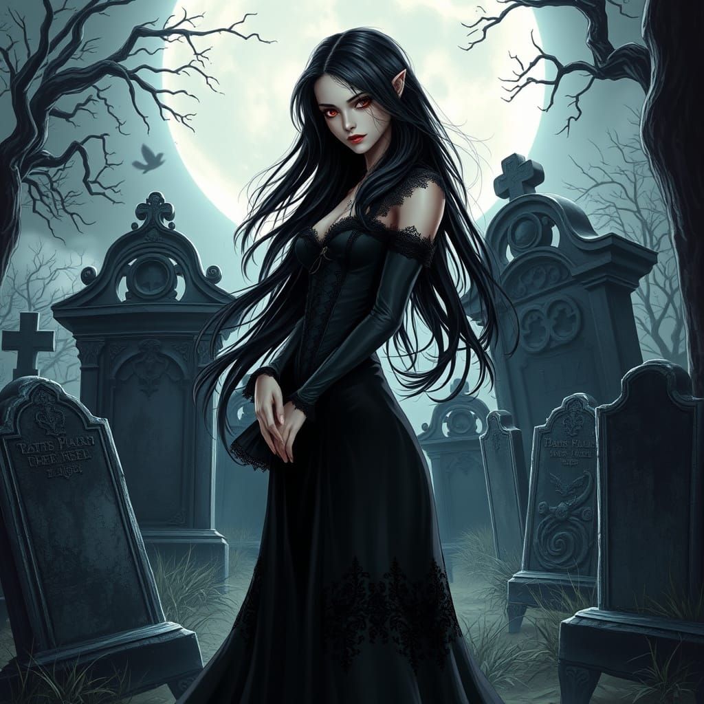 Elegant Vampire in Graveyard: Dark Fantasy Anime Art