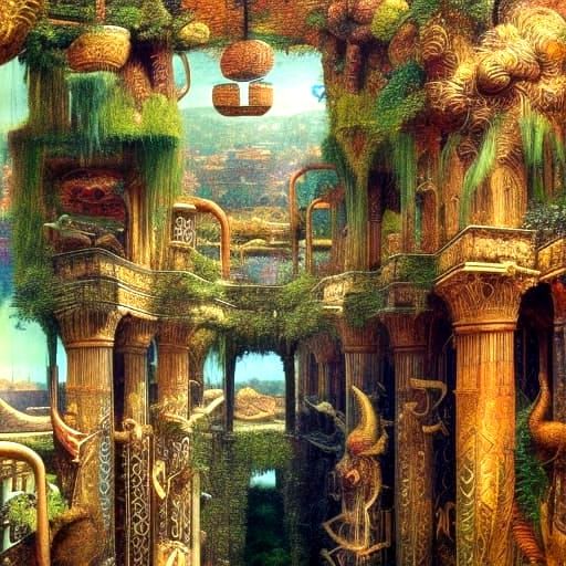 Lush Hanging Gardens of Babylon: Academic Art Style