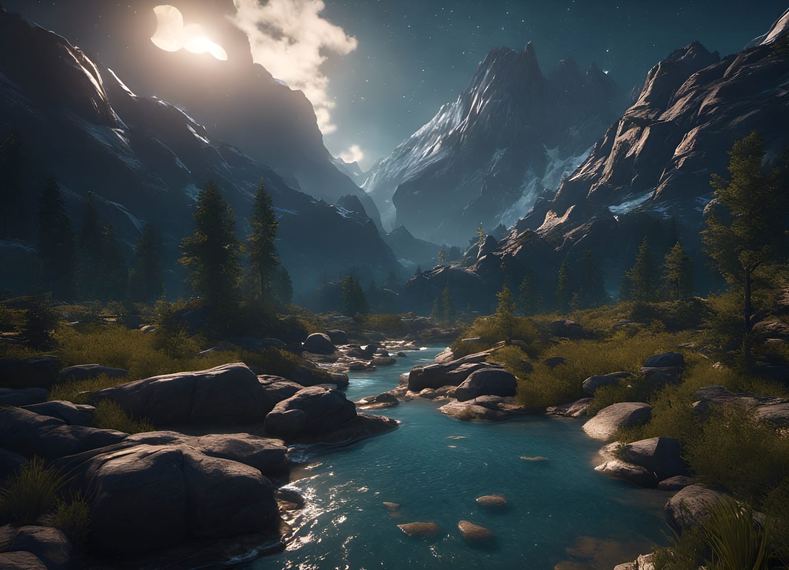 Rocky Mountain River at Night in 3D Style