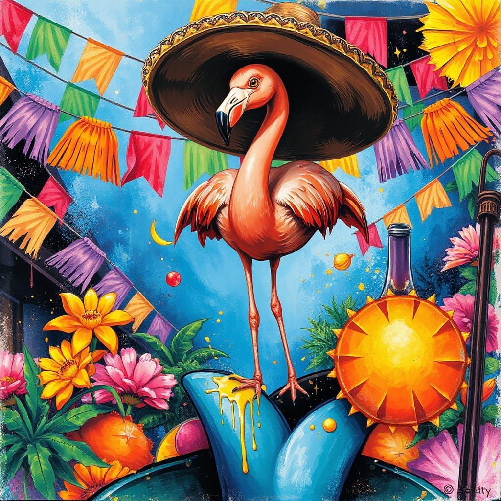 Flamingo Fiesta: Dancing in a Sombrero, Graffiti Style