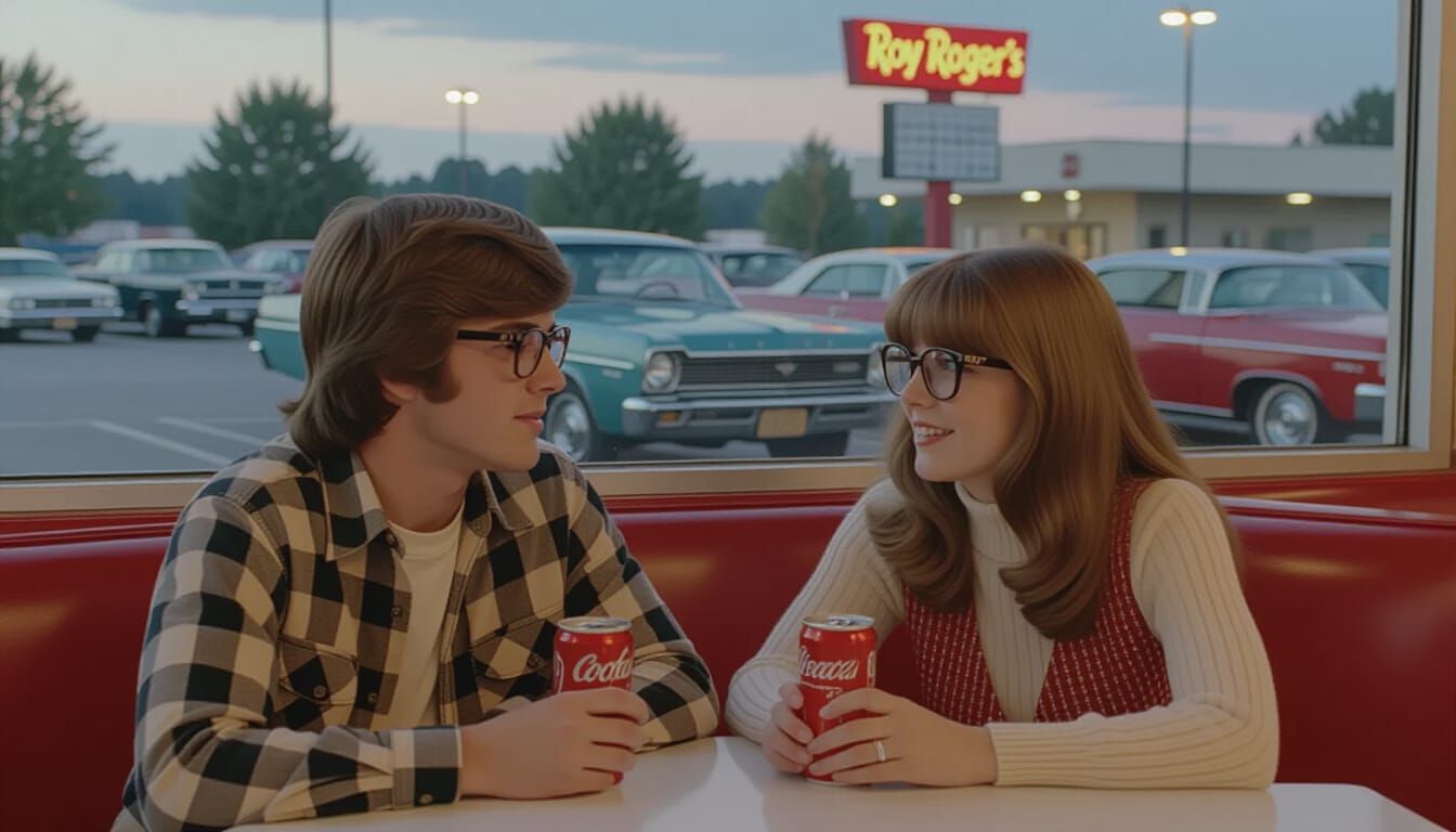 1970s Teenage Couple Enjoying Coke at Roy Roger's