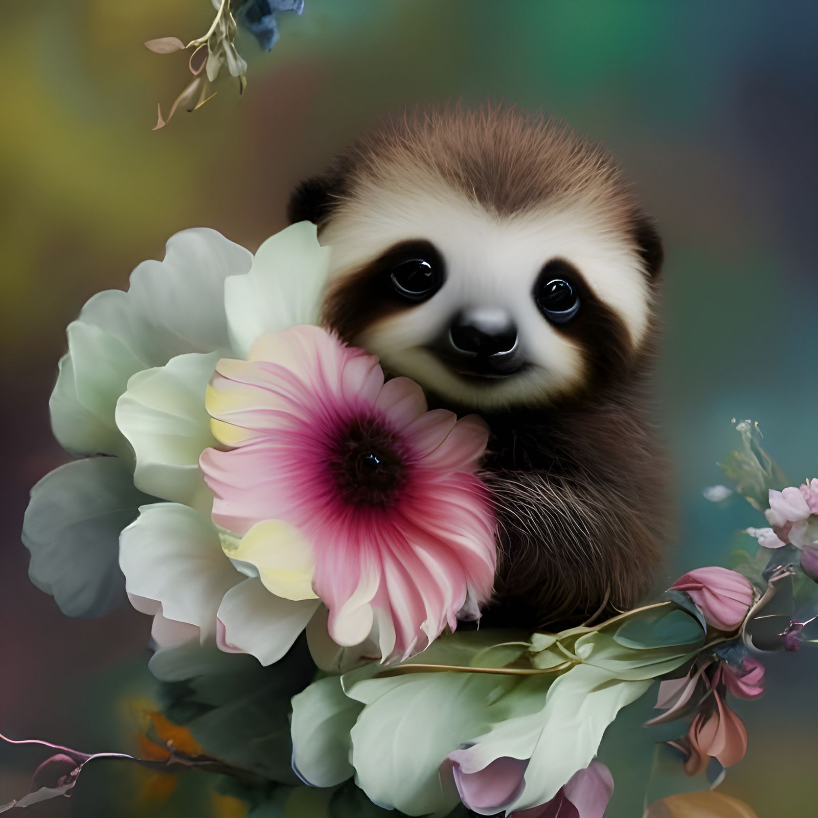 Sloth Surrounded by Colorful Flowers