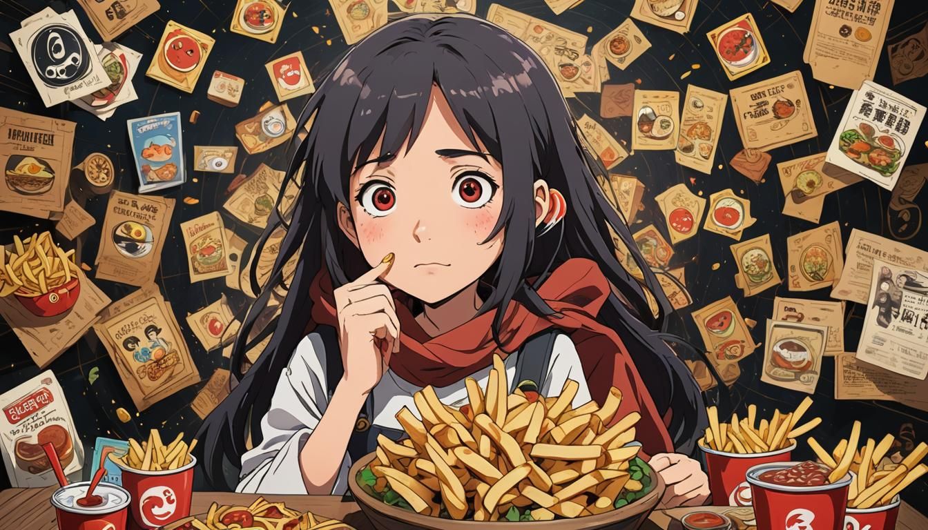 Anime Girl Eating Fries in Ghibli Cartoon Style