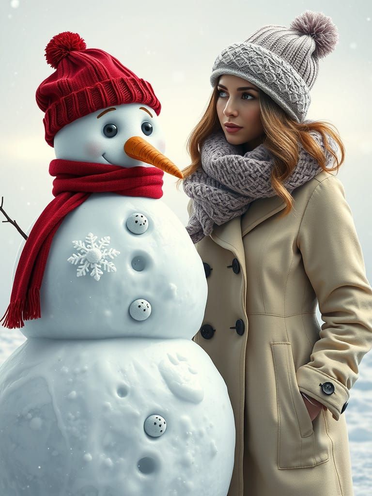 Melting Snowman's Sorrowful Gaze Beside a Winter Wonder