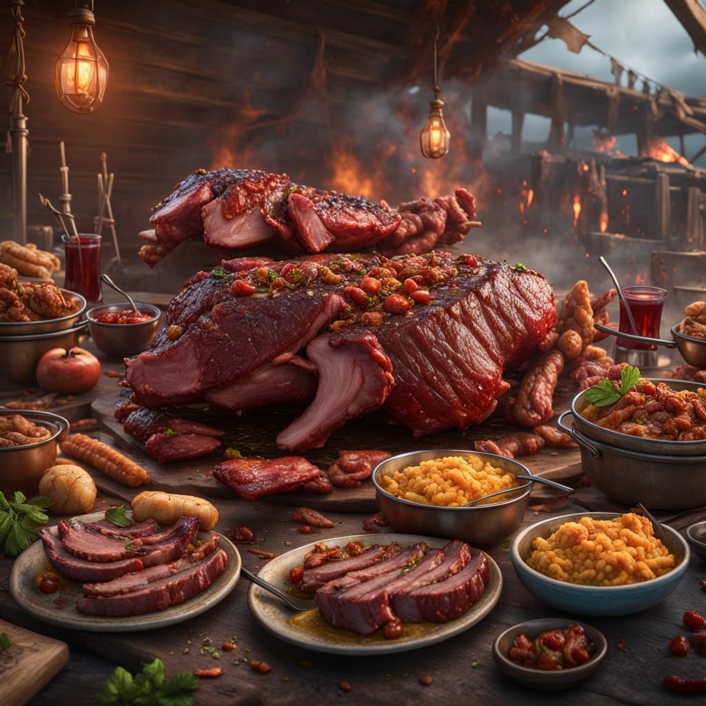 Detailed BBQ Pork Feast in Fantasy Art Style