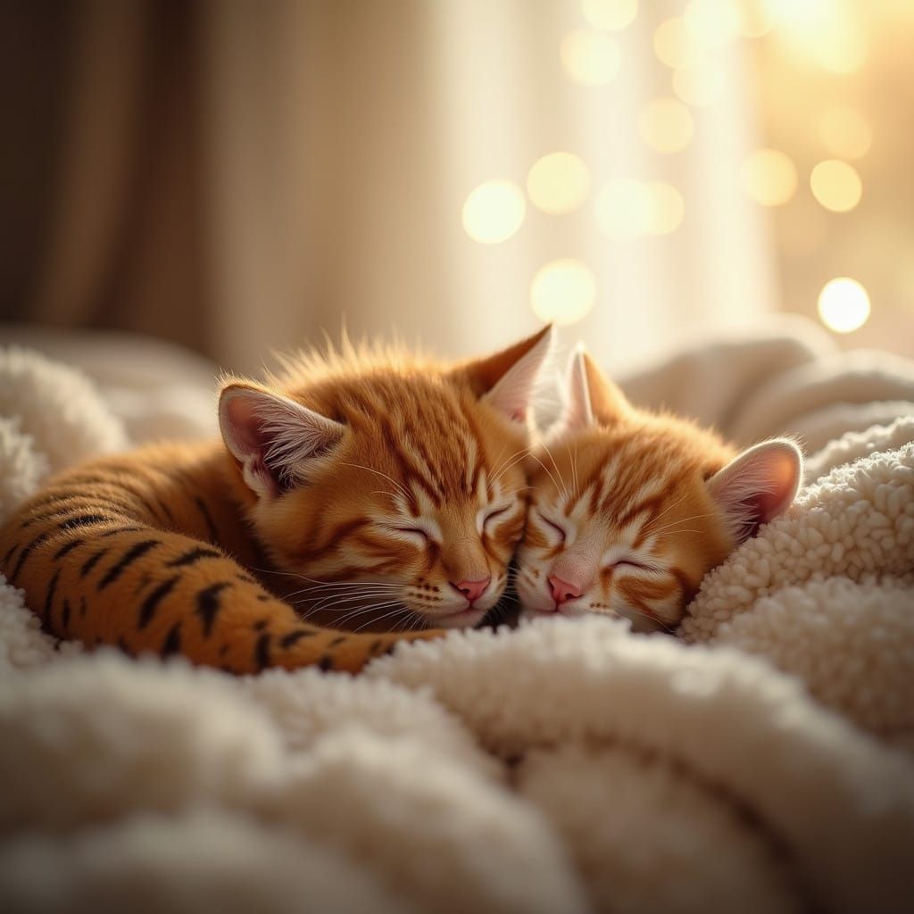 Cute Fluffy Tiger Embraces Sleeping Ginger Kitten