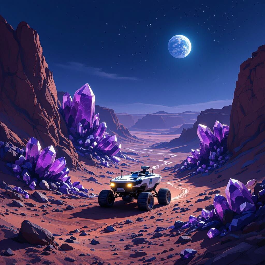 Martian Rover Explores Amethyst Canyon Under Indigo Sky